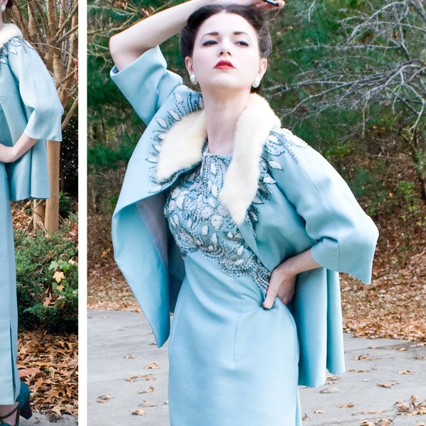 R E S E R V E D DEAL of the day - 60s - The Red Carpet - ice blue maxi dress and matching jacket heavily beaded with white mink  - size m l