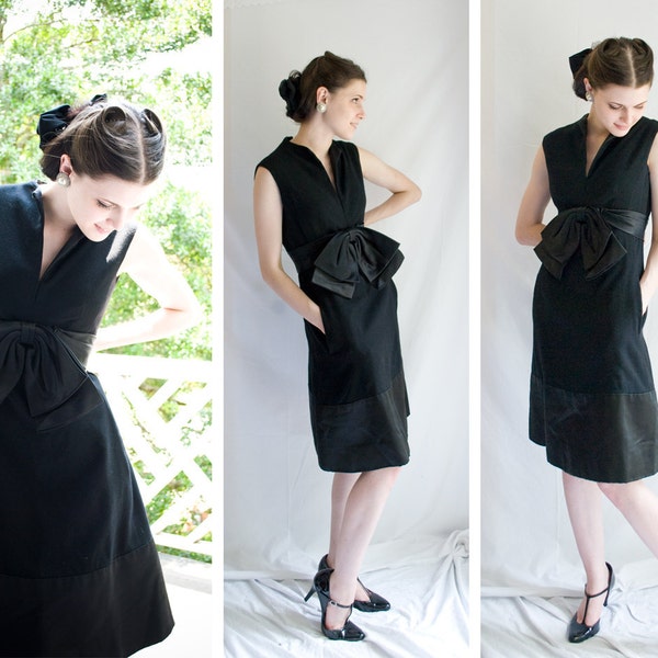 DEAL of the day - 60s - Dress to Empress - Malcolm Starr vintage designer  black cocktail dress sleeveless  HUGE bow - size small medium