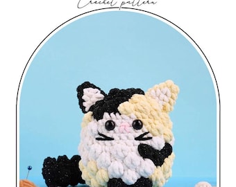 Schema all'uncinetto per gatto calico in PDF, tutorial per realizzare un soffice gatto di peluche in amigurumi, grazioso gatto kawaii all'uncinetto, giocattolo fai da te, schema facile per principianti