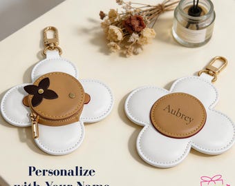 Personalized Leather Flower Coin Purse | Handmade Mini Zip Pouch Keychain | Luxury Bag Charm Gift for Her | Cute Bestie Gift