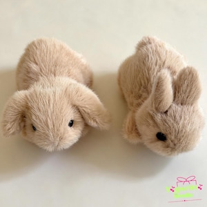 May include: Two plush stuffed animals shaped like rabbits with soft, light beige fur. One rabbit features long, floppy ears hanging down, while the other rabbit has upright, pointed ears. Both have small, dark, round eyes and a rounded body shape.