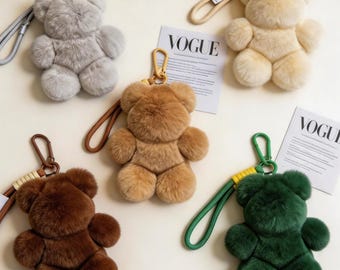 Fluffy Teddy Bear Keychain Plush | Kawaii Bear Plushie Keychain | Cute Bag Charm with Strap | Gift for Her Friend Birthday Present