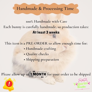 May include: A light beige, fluffy bunny graphic with text stating: Handmade & Processing Time, 100% Handmade with Care, Each bunny is carefully handmade, so production takes: At least 3 weeks, This item is a PRE-ORDER, Please allow up to 1 MONTH.