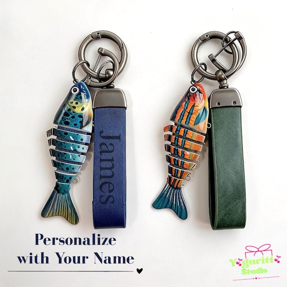 Personalized Fishing Lure Keychain | Custom Leather Fish Keychain | Engraved Car Keychain | Fishing Gift for Dad Husband Grandpa | Bag Charm