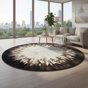 Alfombra de retazos de piel de vaca auténtica con pelo natural, redonda, marrón y blanca, hecha a mano, para sala de estar, dormitorio y recibidor.