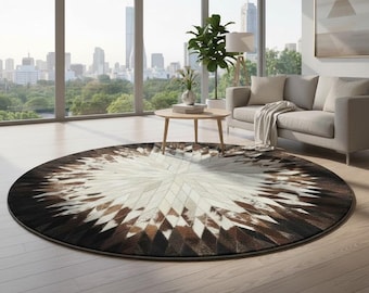 Round Cowhide Rug - Geometric Starburst Pattern - Brown & White Area Rug