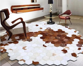 Handcrafted Cowhide Area Rug – Round Beehive Pattern, Non-Slip Cotton Backing