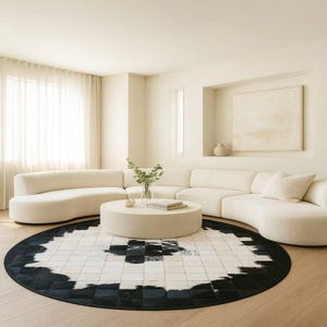 Peut inclure: Un salon moderne avec un grand canapé blanc incurvé, une table basse ronde en béton et un tapis à motifs noir et blanc. La pièce a des murs clairs, une grande fenêtre et une palette de couleurs neutres. Le tapis mesure environ 200 cm de diamètre.