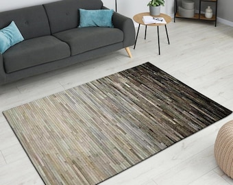 Leather Cowhide Patchwork Area Rug Handmade Natural Leather Hair-on Rugs for Living Room Bedroom Dining Room Hallway (Brown and White)