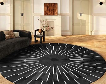 Handmade Cowhide Leather Round Rug, Black Striped Area Rug