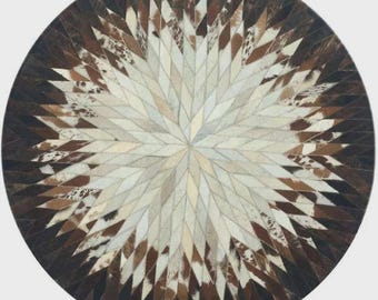 Round Cowhide Patchwork Rug – Geometric Starburst Natural Hide Carpet