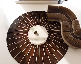 Handmade Cowhide Leather Round Rug, Striped Brown Area Rug