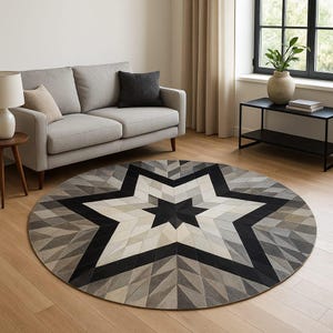 Cowhide Hairon Round Leather Rug Handmade Star Shaped Patchwork Area Rugs for Living Room Bedroom and Home Decor Modern Floor Piece Carpet