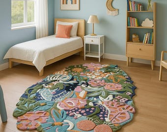 Alfombra de lana de Nueva Zelanda tejida a mano con diseño floral.