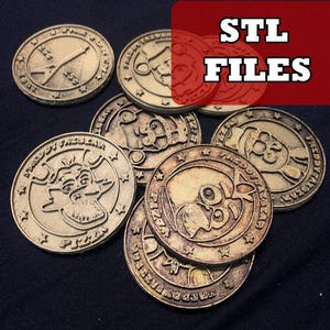 May include: A collection of bronze-colored coins with various embossed designs, including a cartoon character and the text "PIZZA". The coins are scattered on a dark surface, with the text "STL FILES" in a red box.