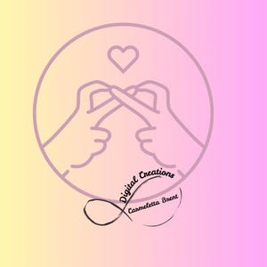 Puede incluir: Dise&ntilde;o de arte digital con dos manos formando un coraz&oacute;n con los dedos, dentro de un c&iacute;rculo lavanda. Un coraz&oacute;n est&aacute; encima de las manos. El dise&ntilde;o incluye el texto "Digital Creations" y "Carmeletta Brent" con un s&iacute;mbolo de infinito.