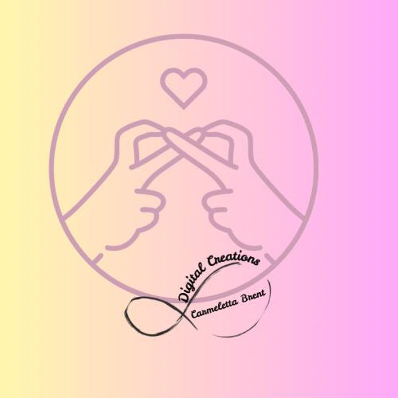 Puede incluir: Dise&ntilde;o de arte digital con dos manos formando un coraz&oacute;n con los dedos, dentro de un c&iacute;rculo lavanda. Un coraz&oacute;n est&aacute; encima de las manos. El dise&ntilde;o incluye el texto "Digital Creations" y "Carmeletta Brent" con un s&iacute;mbolo de infinito.
