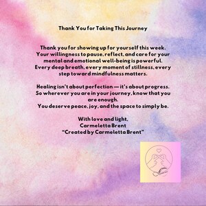 Puede incluir: Gr&aacute;fico motivacional con un fondo de acuarela en tonos rosa, morado y azul. El texto dice "Gracias por emprender este viaje" e incluye un mensaje inspirador sobre el autocuidado y la atenci&oacute;n plena. Un peque&ntilde;o logotipo est&aacute; en la esquina inferior derecha.