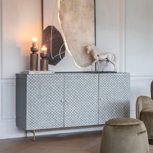 Handcrafted Bone Inlay Cabinet - Bone Inlay Sideboard 3 Door Cabinet with Knobs for Home Furniture Entryways Living room Inlay Armoire- Grey