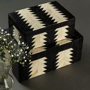 Handgefertigte Knochen Inlay Box Combo - 2er-Set - Dekorative Aufbewahrungsbox für Schmuck und Wohnkultur - Schwarz & Weiß