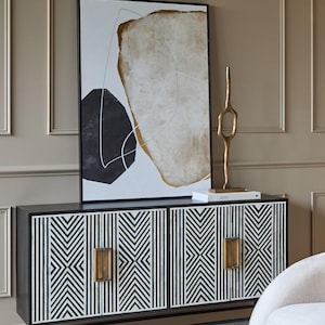 Handmade Bone Inlay Cabinet - Inlaid 4 Door Sideboard Modern Pattern Wooden Buffet Cabinet with Metal Stand Home Furniture for Living Room