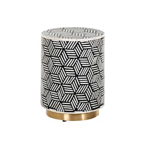 Handmade Bone Inlay Drum Side Table - Round Black & White Geometric Inlay Coffee Table with Gold Base Modern Boho home decor furniture Table