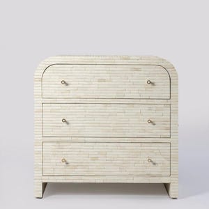 Handcrafted Bone Inlay Chest of Drawers - Herringbone Brick Pattern 3 Rectangular Drawers with Knobs Cabinet Sideboard Console Table - White