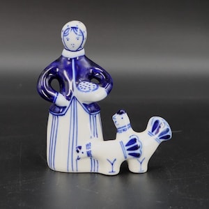 Vintage Russian Peasant Female Figurine – Blue & White Porcelain | Made in USSR | Traditional Folk Art Style