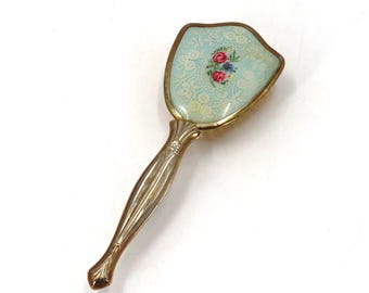 Vintage Vanity Hairbrush 1960s | Ornate Brass Handle Floral Needlepoint Style | Retro Dresser Brush Shabby Chic Decor
