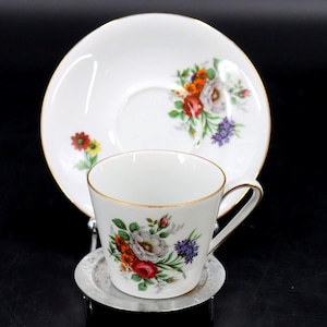 Vintage PMR Bavaria Floral Demitasse Cup Saucer | Jaeger Co West Germany | Gold Rimmed Espresso Cup | Colorful Floral Porcelain