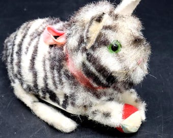 Vintage Alps Keywind Toy Cat: Japan Mechanical Kitty w/ Ball