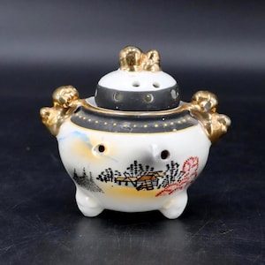 Vintage Japanese Incense Burner: Hand-Painted Mt. Fuji, Gilt Gold Ceramic