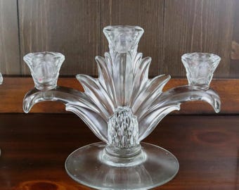 Vintage Heisey Crystal Candelabra Pair | Plantation Pattern Pineapple Glass Candle Holders USA