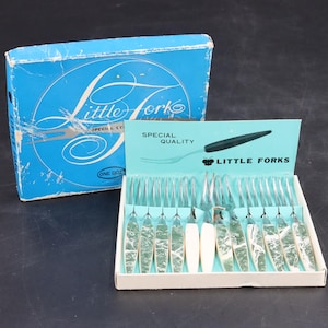 Vintage Little Forks Set | Cocktail Hors d&#39;oeuvre Picks | Faux Marble Handle | Original Box | Mid-Century Appetizer Forks | Barware Decor