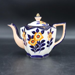 Antique Moriyama Japanese Teapot, 1920s Hexagonal Art Nouveau, Cobalt Blue & Yellow Floral, Gold Gilded Porcelain