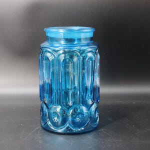 Vintage LE Smith Moon and Stars Canister: Colonial Blue Pressed Glass Jar