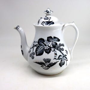 Antique Minton Lucerne Black Transferware Teapot, Victorian Bird Motif Ironstone