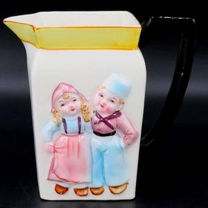 Vintage Dutch Boy & Girl Pitcher: Hand-Painted Windmill Scene, 1940s Japan Pottery