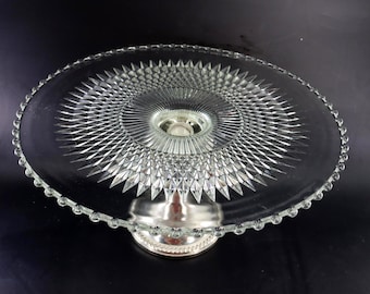 Vintage Shrewsbury Hollowware Glass Pedestal Cake Stand Silver Tone Base Diamond Point Hobnail 10.25"