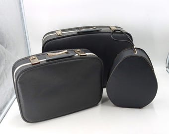 Vintage Blue Hardshell Suitcase Set of 3 | Nesting Luggage w/ Satin Interior Mirror Train Case | Retro Travel Cases
