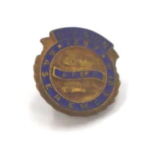 May include: A vintage brass-toned pin with blue lettering and accents. The pin features the text "DIVISION 10" at the top and "A.S.E.R. & M.C." around the outer edge. A blue banner is in the center.