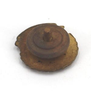 May include: A vintage, circular pin with a textured, gold-toned base and a brown, cylindrical post. The pin's design features a raised, circular element on the front, and a screw-like post on the back for attachment.