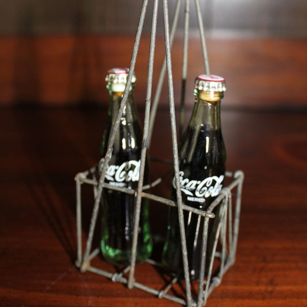 Vintage Miniature Coca-Cola Bottles in Wire Basket - Mexico