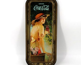 Vintage 1970s Coca-Cola Advertising Tray | 1916 Elaine Girl Replica | Retro Coke Tin Serving Tray Yellow Dress