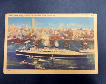 Vintage 1953 Queen Mary Postcard: New York Harbor, Empire State Building