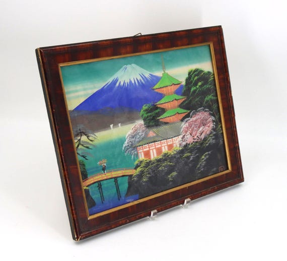 1950s Japanese Silk Painting | Mt. Fuji, Cherry Blossoms Vintage