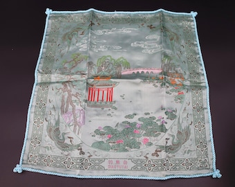 Vintage Chinese Silk Embroidered Pillowcase: Diaoyutai Water Garden Scene
