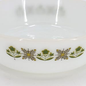 Puede incluir: Cuenco de vidrio blanco con dos asas y una banda decorativa de diseños florales verdes y amarillos. El cuenco tiene forma redondeada y probablemente se utiliza para servir alimentos.