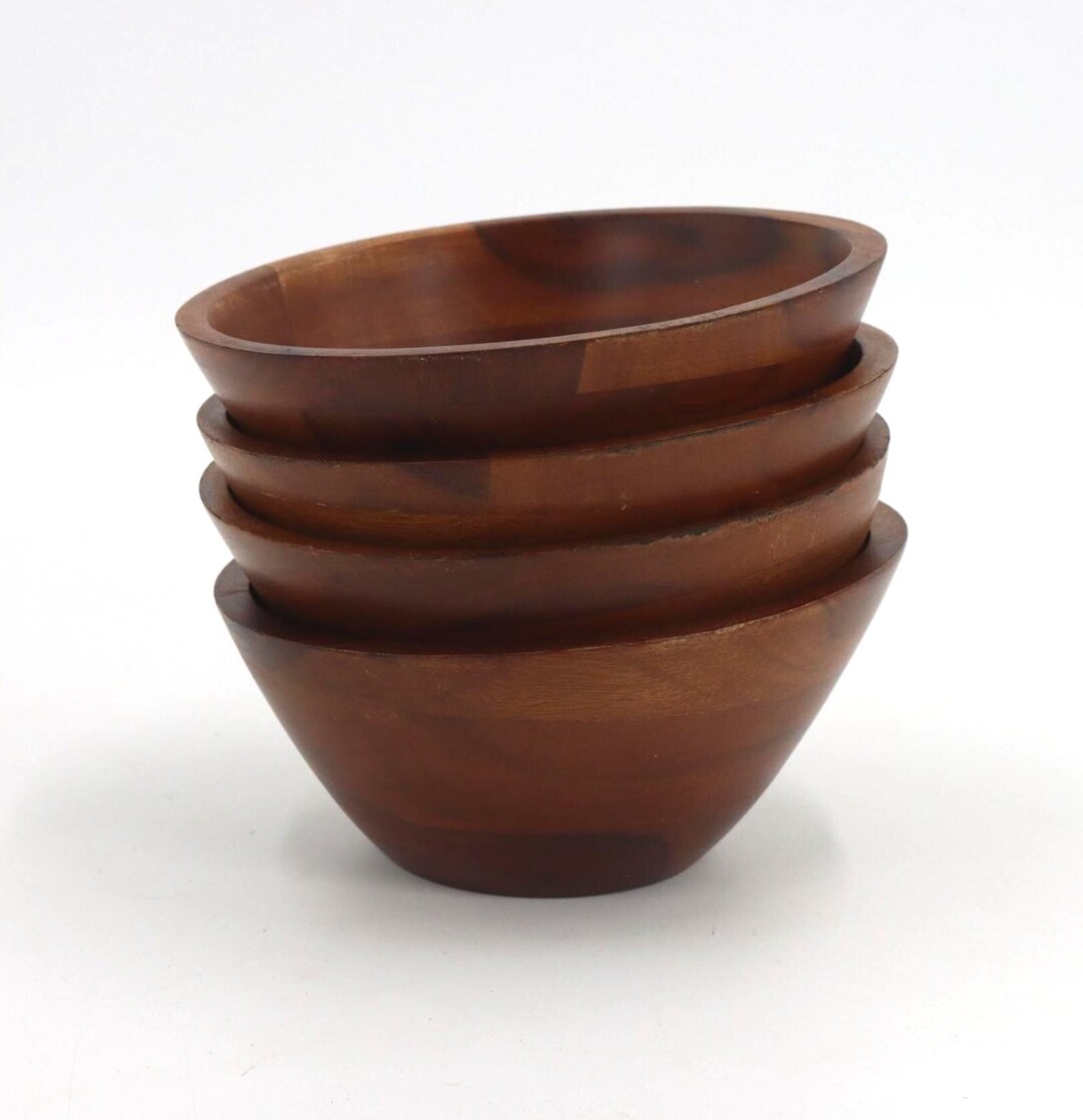 Vintage Walnut Wooden Dining Bowls Set of 4 Mid Century Salad Serving ...