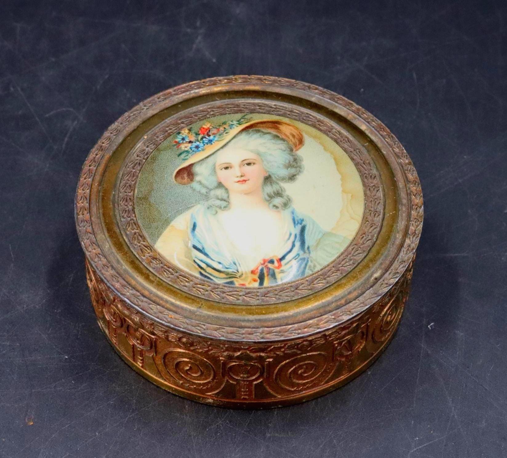 Antique Brass Powder Box: Victorian Portrait Lid, Art Deco Base